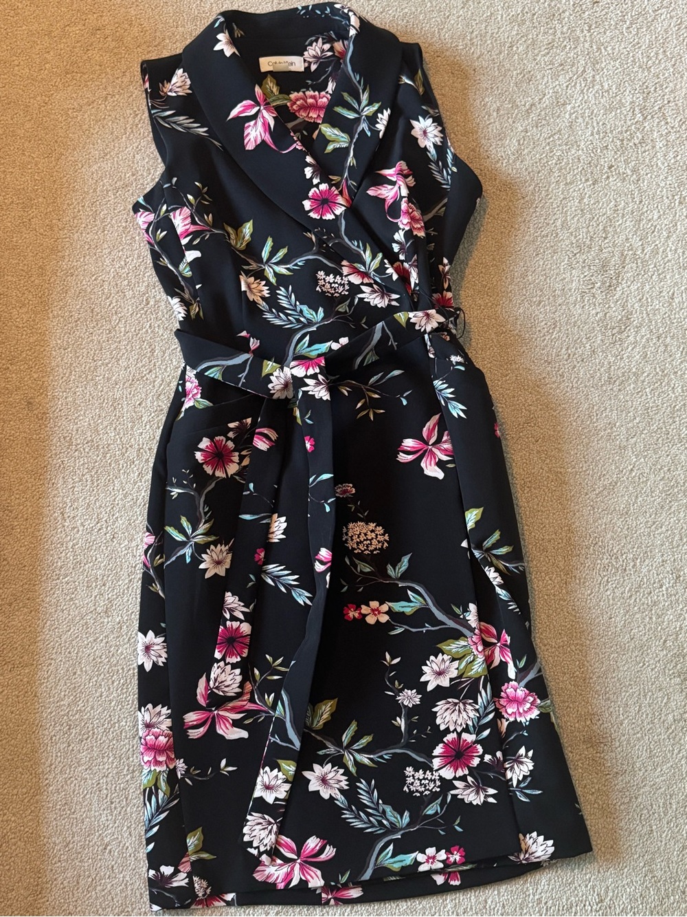 Calvin Klein Black Floral Wrap Dress with Self Tie